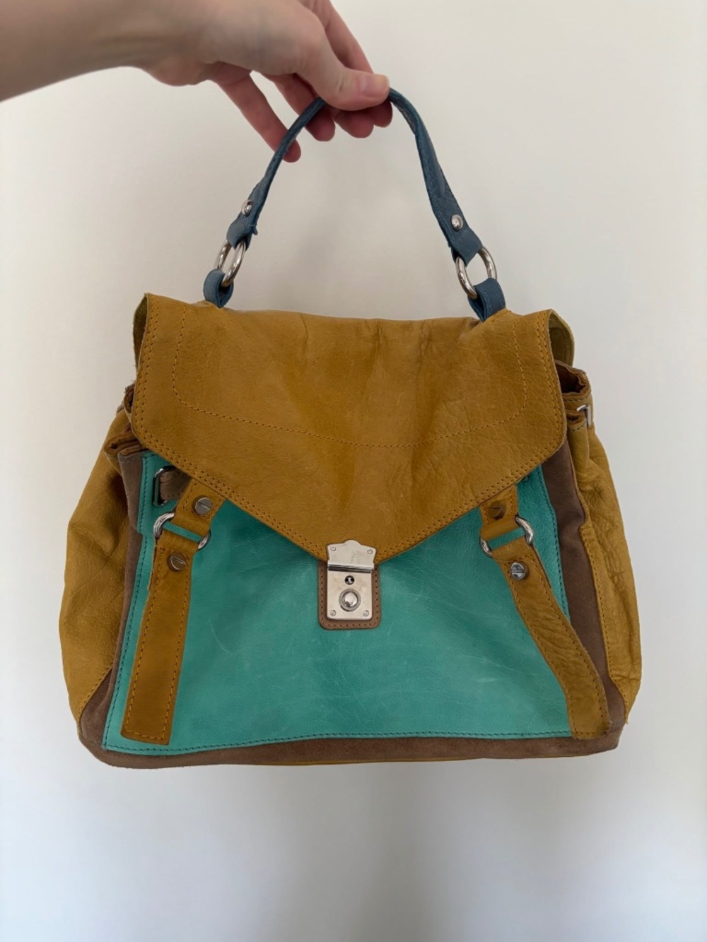 VGUC suede leather yellow/brown/teal purse (has brown leather crossbody strap)